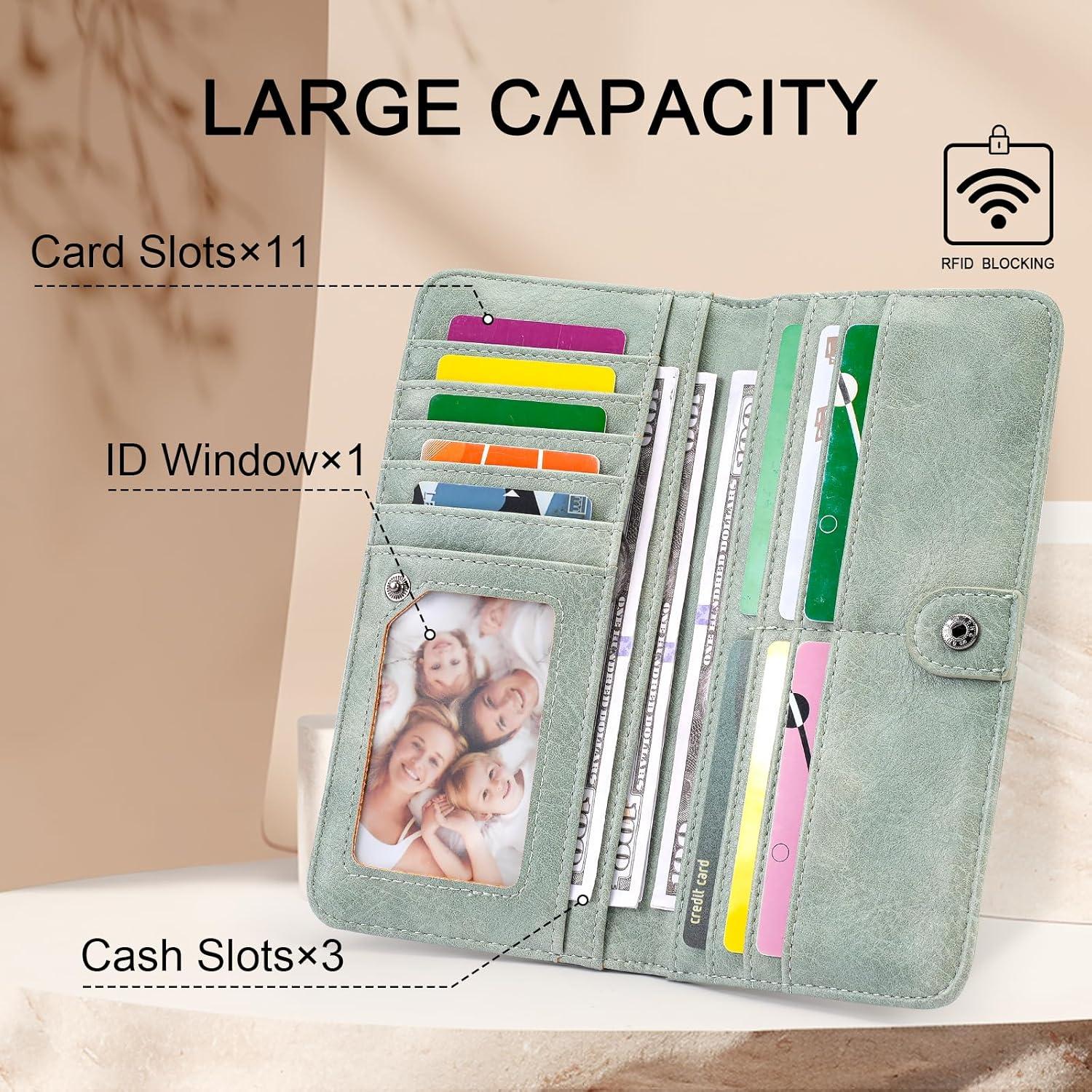 Cartera Slim MEITRUE Mujeres Cuero RFID Bifold Verde 19x9.5cm