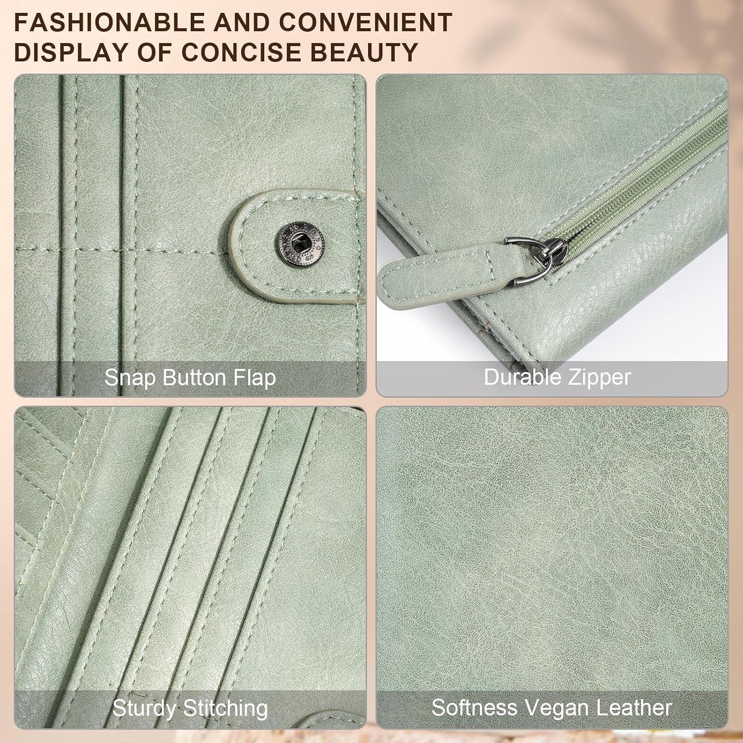 Cartera Slim MEITRUE Mujeres Cuero RFID Bifold Verde 19x9.5cm