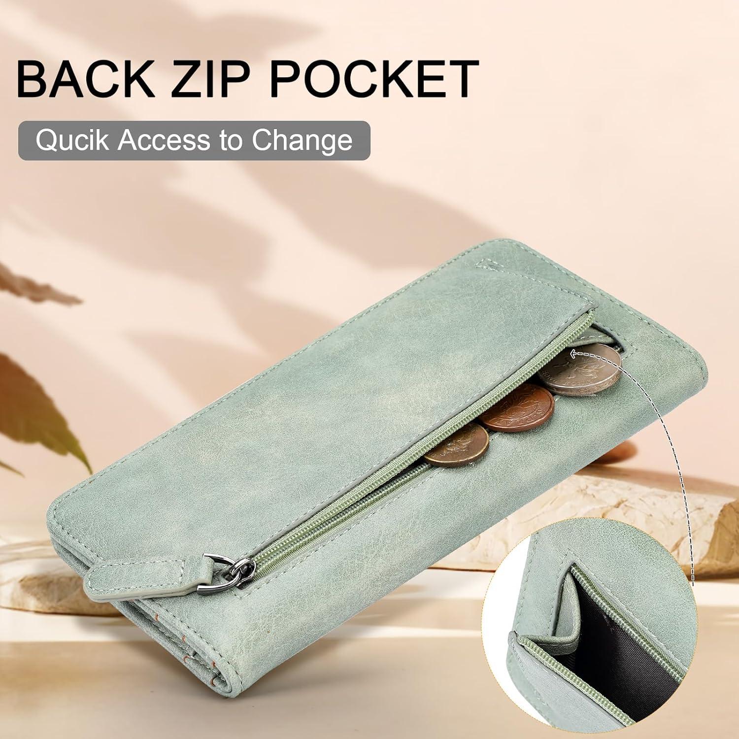 Cartera Slim MEITRUE Mujeres Cuero RFID Bifold Verde 19x9.5cm