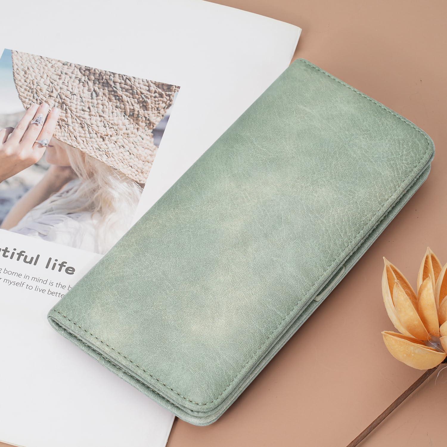 Cartera Slim MEITRUE Mujeres Cuero RFID Bifold Verde 19x9.5cm