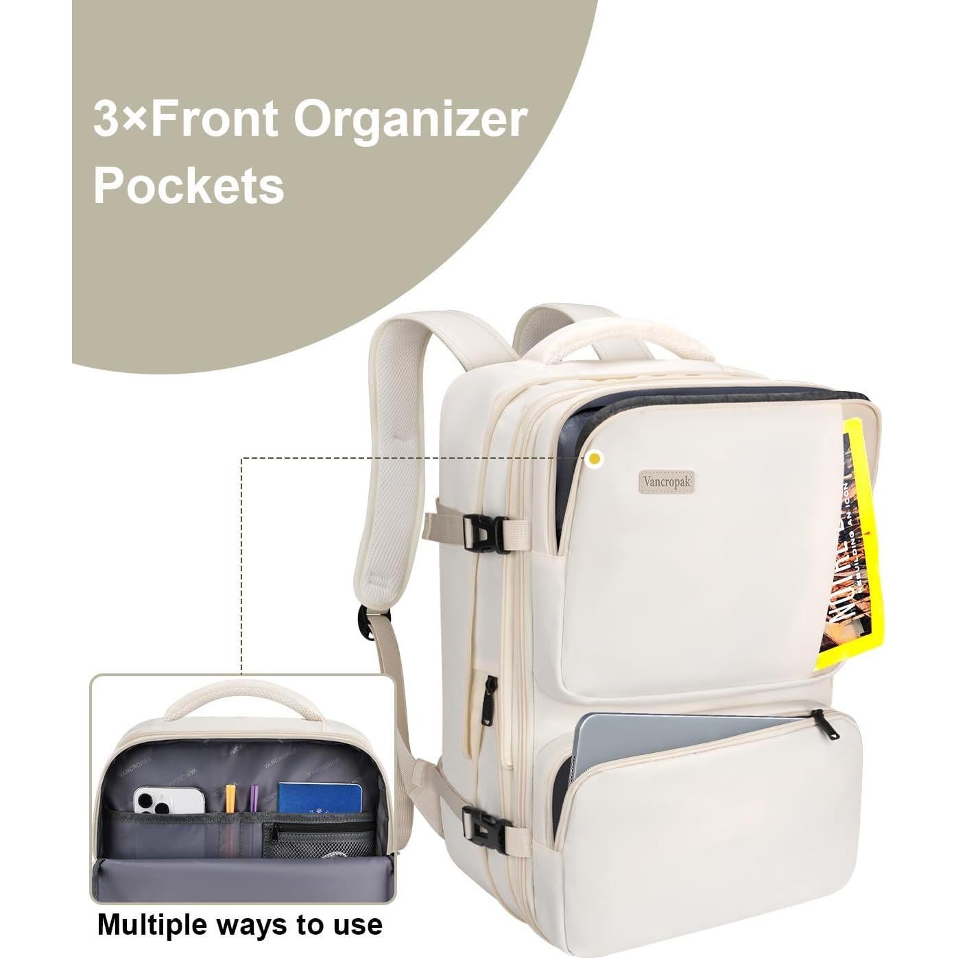 Mochila Expandible Vancropak 40L Aprobada Aerolínea Beige