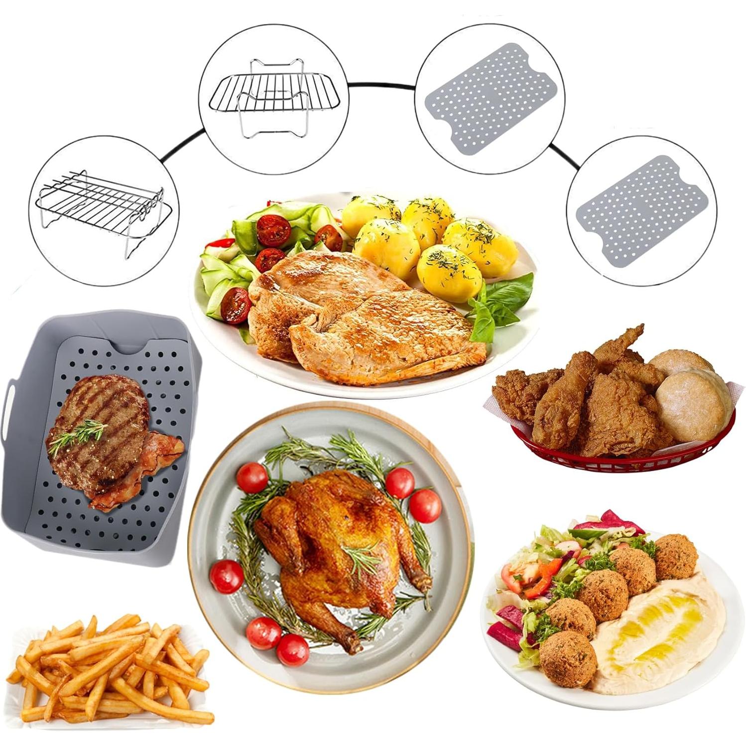 Air Fryer Rack for Ninja Dual 2 Basket Air Fryer 10 QT DZ401 & 8 QT DZ201, Racks for Dual Zone Air Fryer, Reusable Silicone Liner Sheets for Double Basket, 4pcs Kitchen Accessory Set