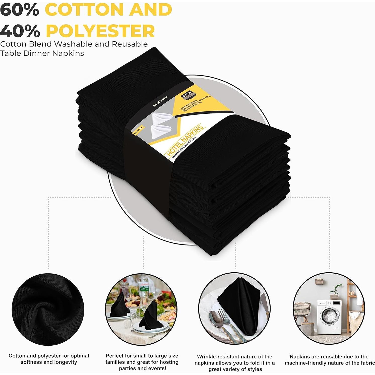 Servilletas de Tela Negras Utopia Kitchen - Paquete de 12, 45.72 cm