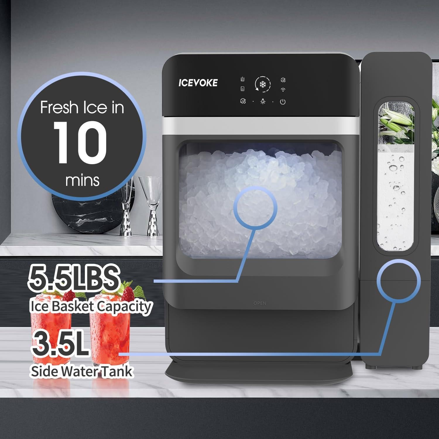 Fabricador de Hielo Nugget ICEVOKE 34 kg/día Autolimpiante