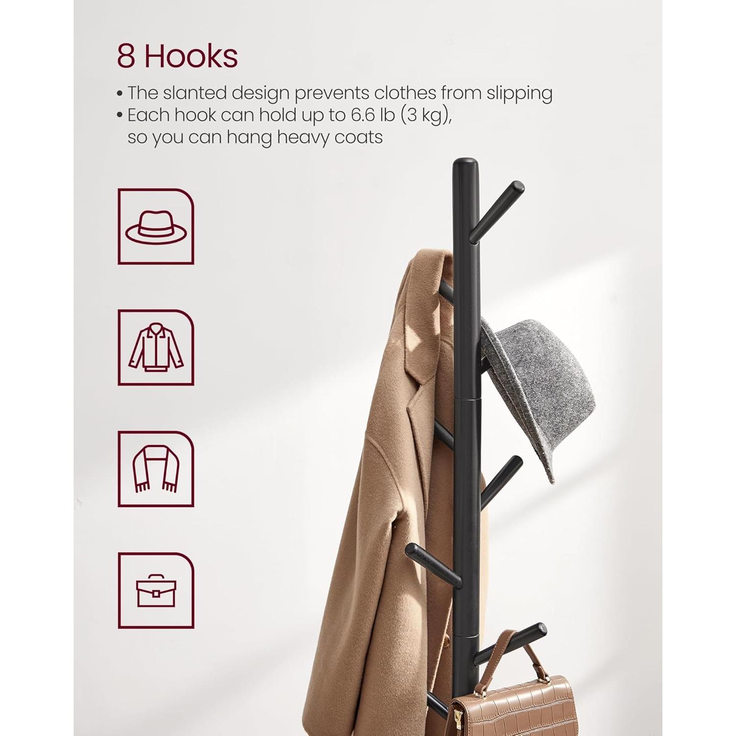 Perchero de Pie VASAGLE de Madera Sólida Negro Tinta 8 Ganchos