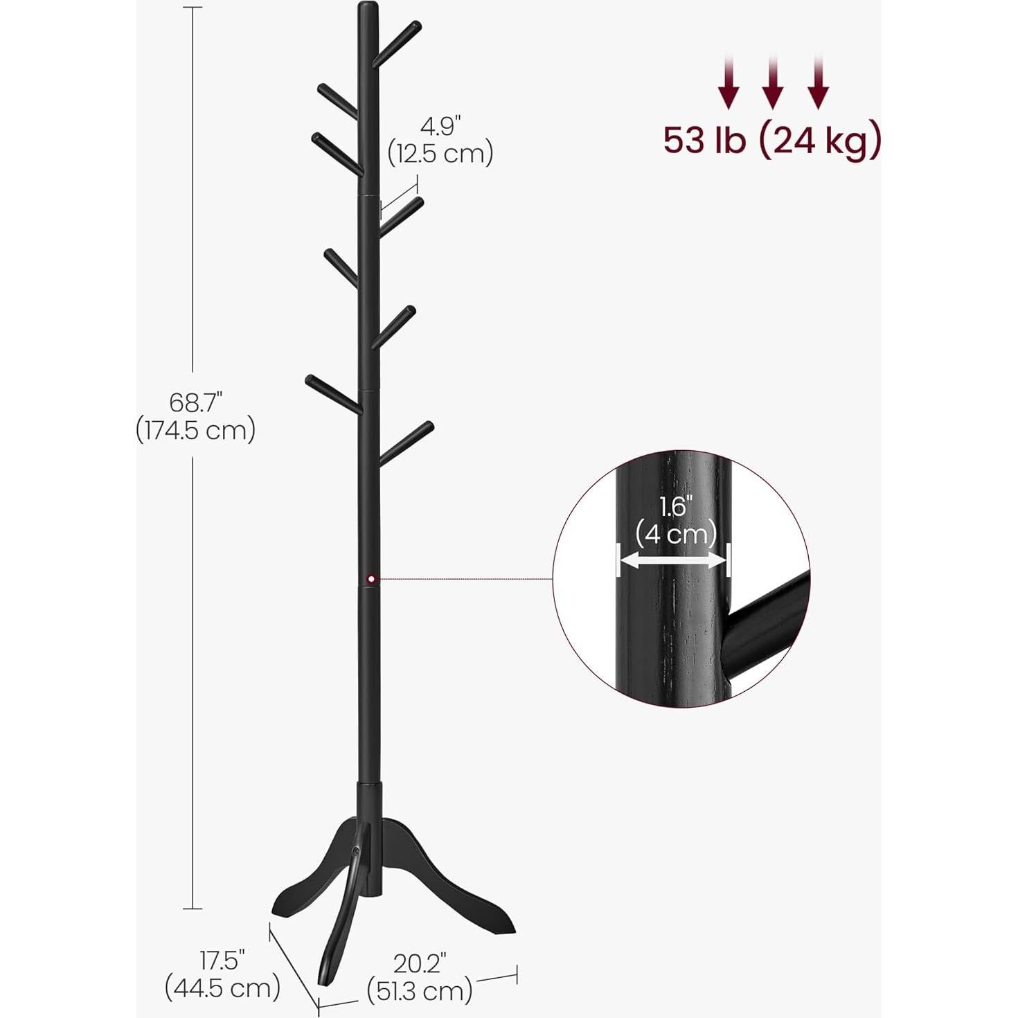 Perchero de Pie VASAGLE de Madera Sólida Negro Tinta 8 Ganchos