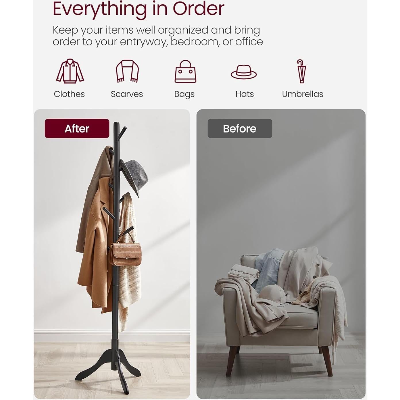 Perchero de Pie VASAGLE de Madera Sólida Negro Tinta 8 Ganchos