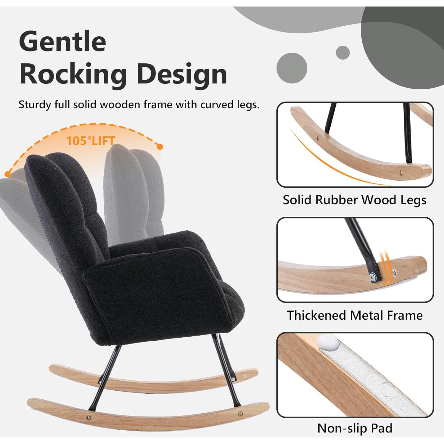 Silla Mecedora NIOIIKIT Tapizada en Peluche Negro para Nursery