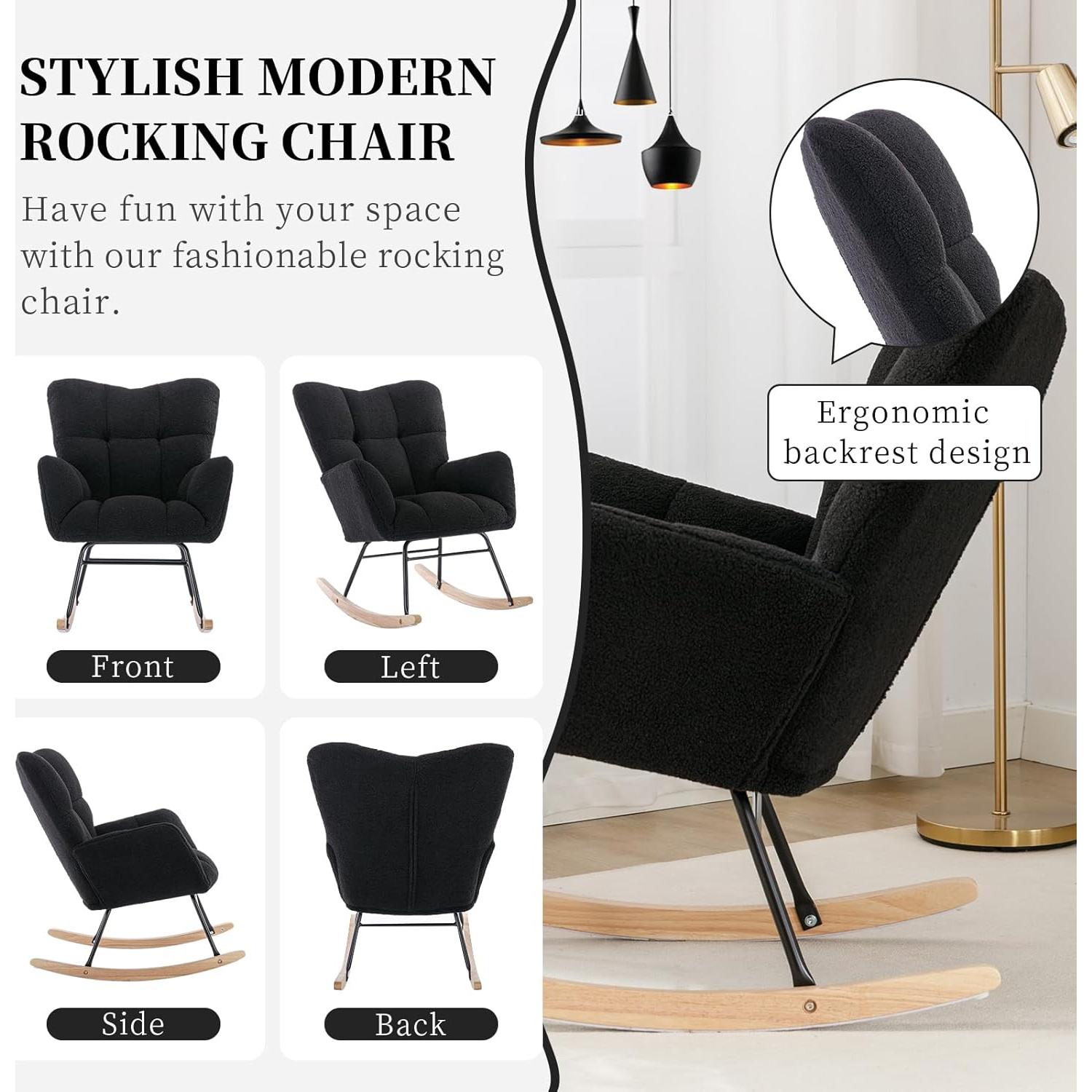 Silla Mecedora NIOIIKIT Tapizada en Peluche Negro para Nursery