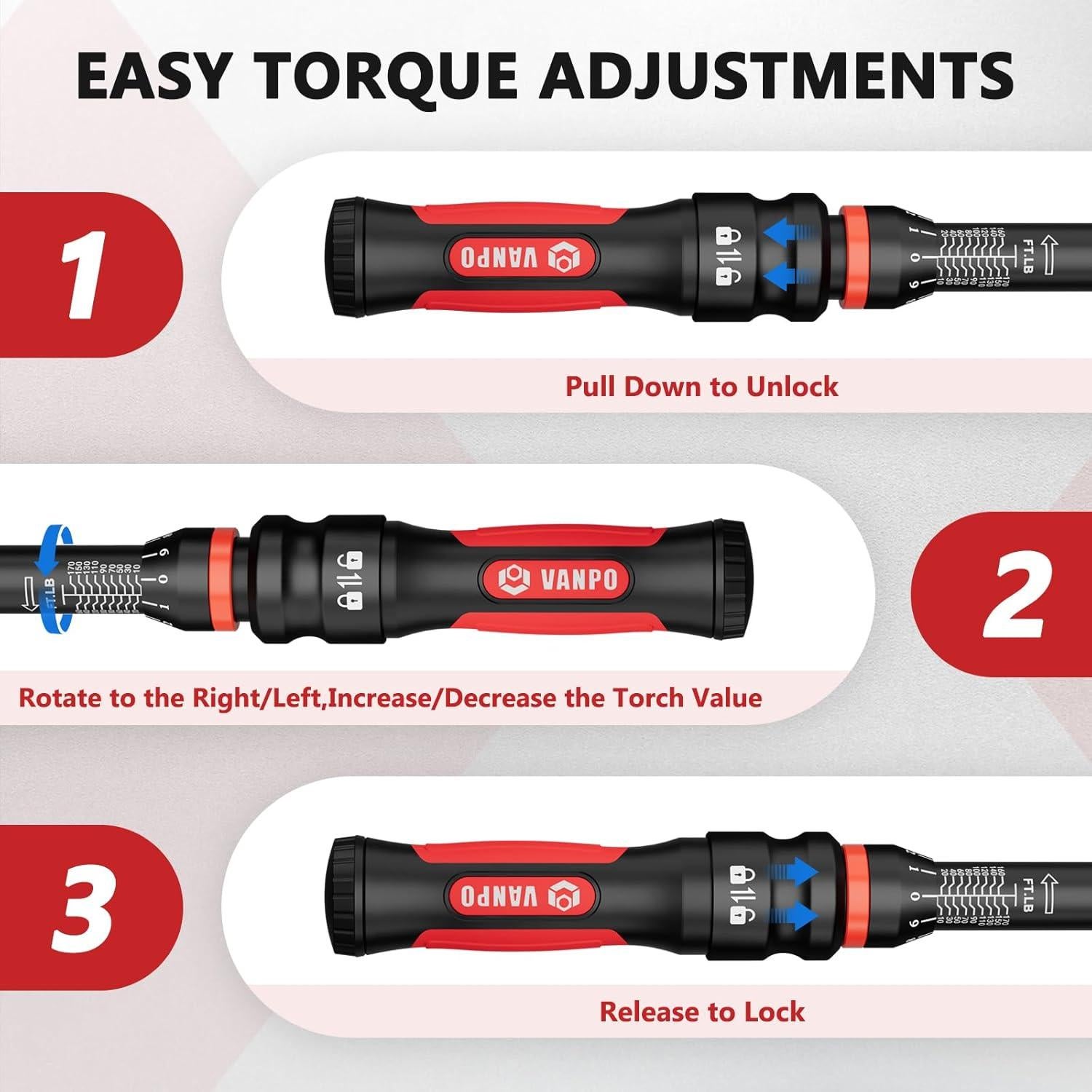 Llave de Torque VANPO 1/2" 10-170 ft-lb (13.6-230.5 Nm) Mecánica