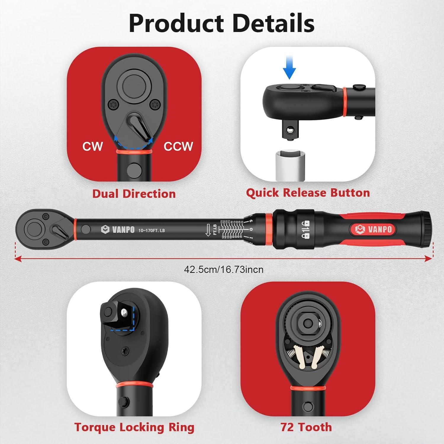 Llave de Torque VANPO 1/2" 10-170 ft-lb (13.6-230.5 Nm) Mecánica