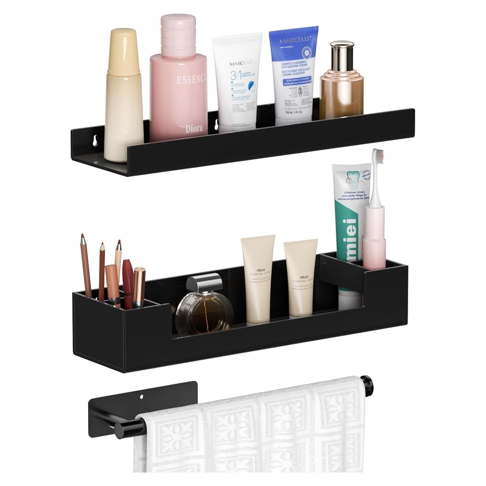 Estantes de baño HIIMIEI flotantes negros con soporte para toallas