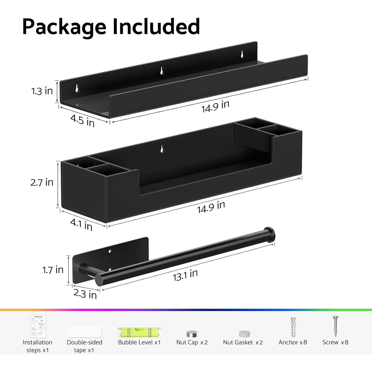 Estantes de baño HIIMIEI flotantes negros con soporte para toallas