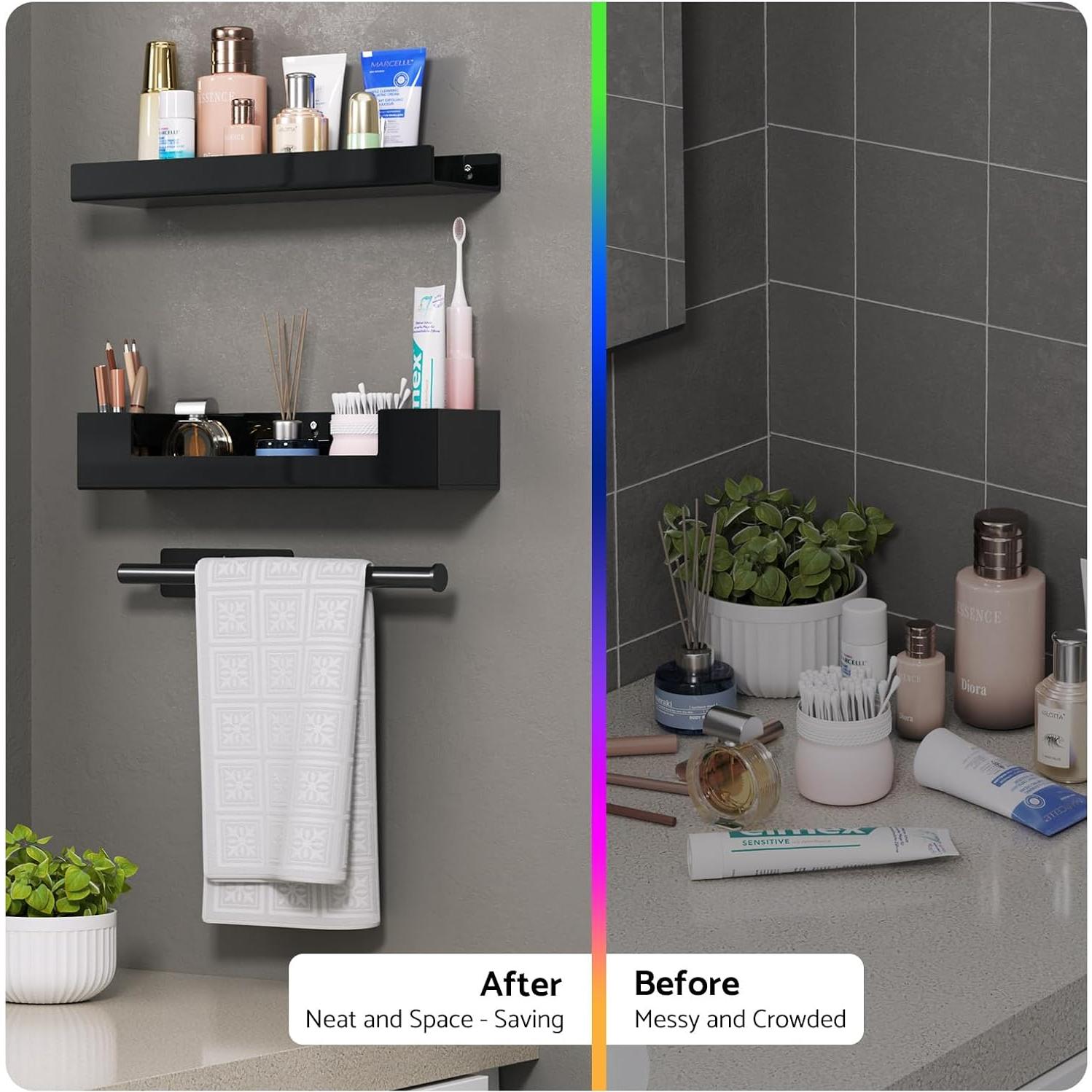 Estantes de baño HIIMIEI flotantes negros con soporte para toallas