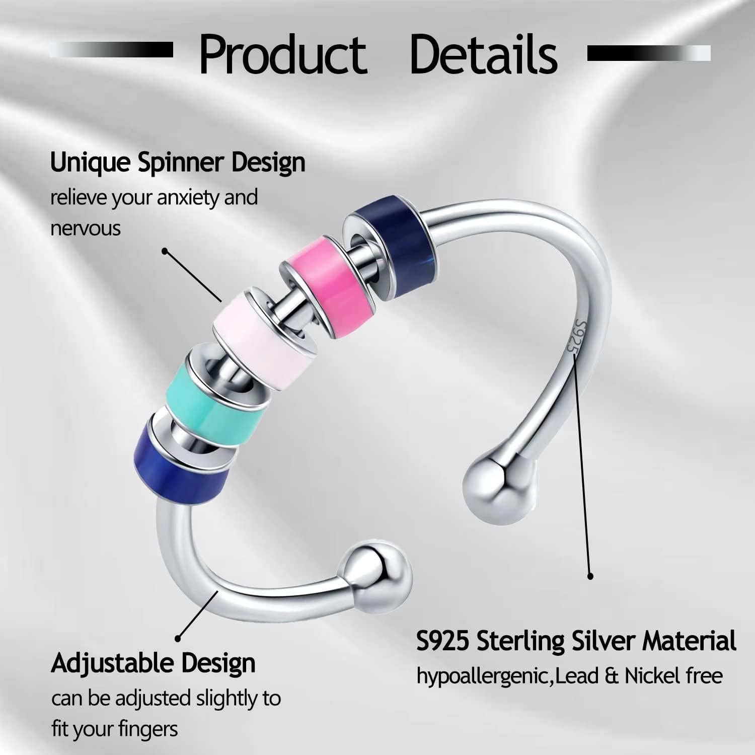 Anillo Fidget Antiansiedad WOSCCOWT Plata Esterlina S925 Azul