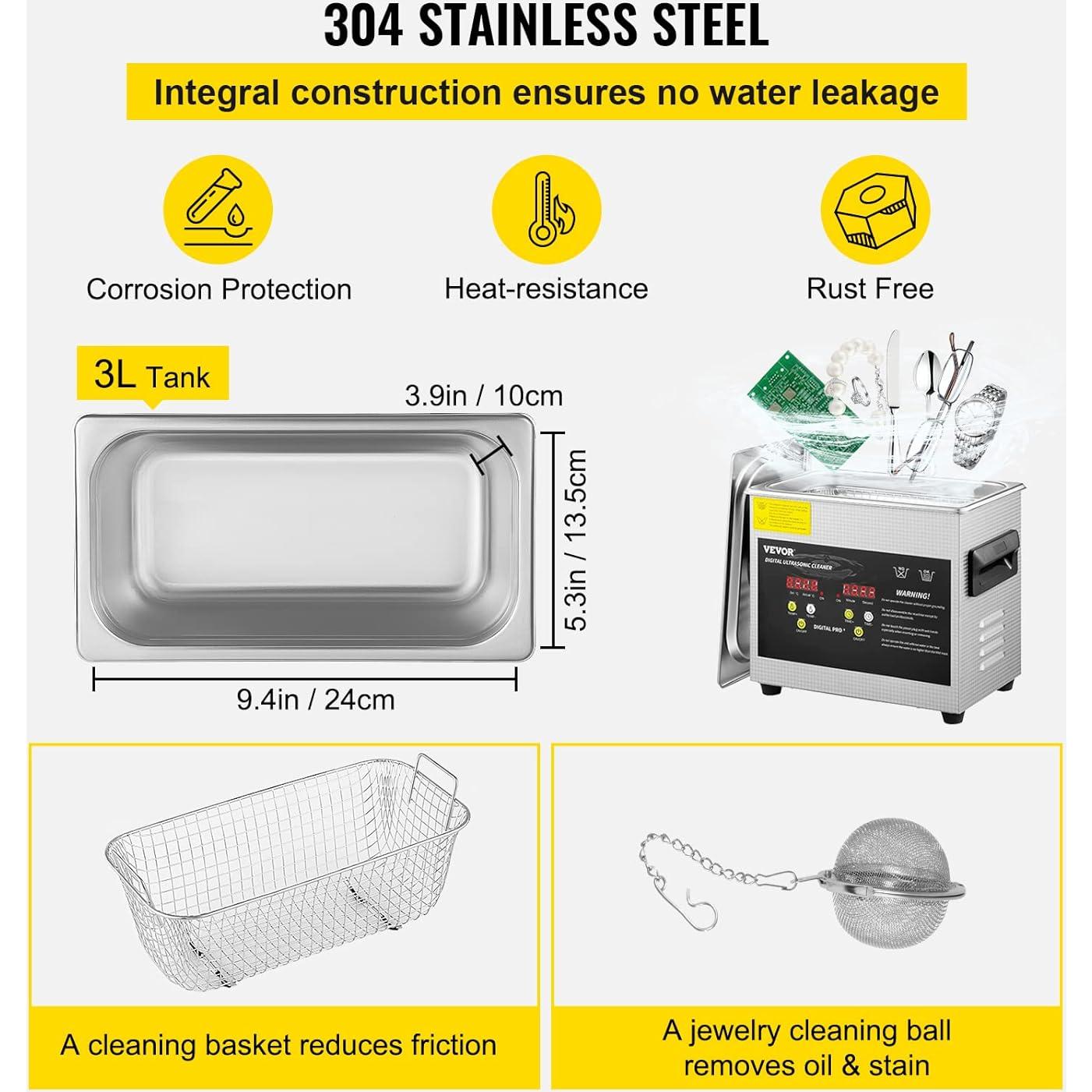 Limpiador Ultrasónico VEVOR 3L 200W Calentador 120W Potencia