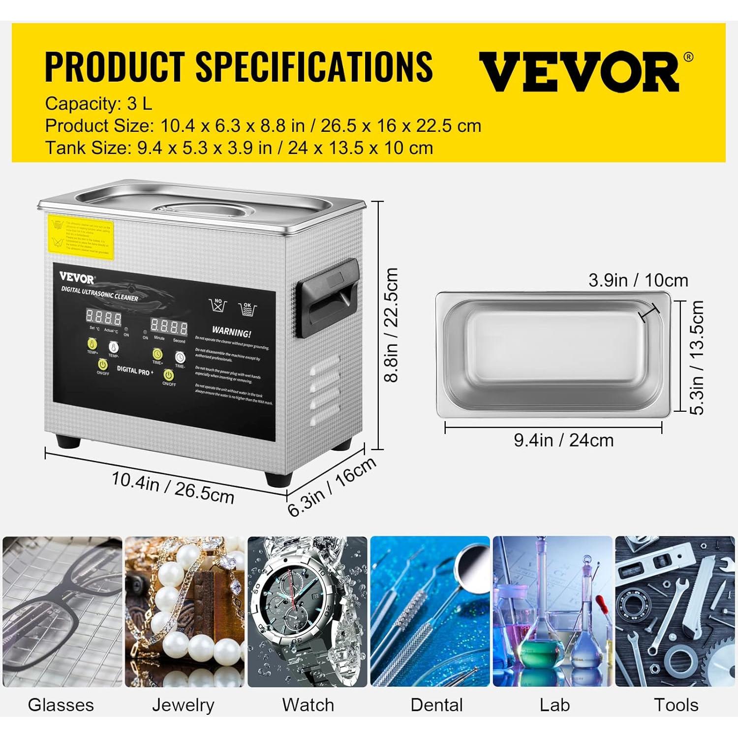 Limpiador Ultrasónico VEVOR 3L 200W Calentador 120W Potencia