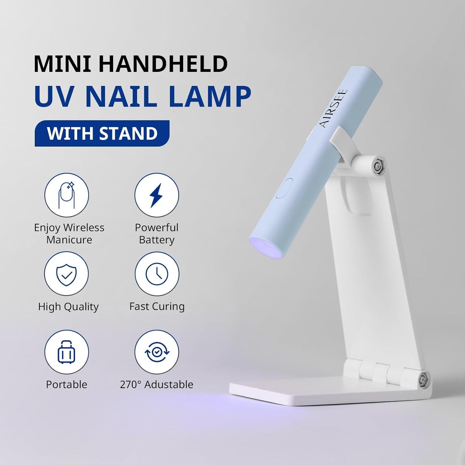 AIRSEE Mini Handheld UV Light with Stand,Portable Rechargeable Nail Lamps,2 Timers for Fast Nail Extension,Rhinestone Glue Decoration,Gel Strips at Home,Travel(Blue)