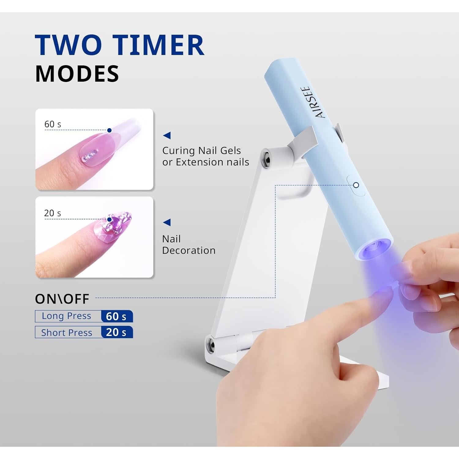 AIRSEE Mini Handheld UV Light with Stand,Portable Rechargeable Nail Lamps,2 Timers for Fast Nail Extension,Rhinestone Glue Decoration,Gel Strips at Home,Travel(Blue)