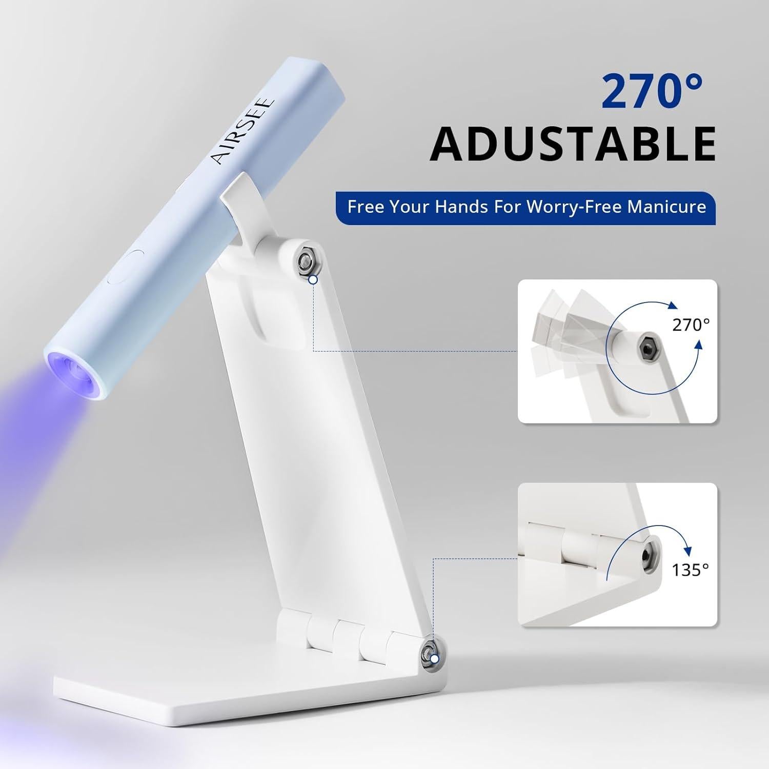 AIRSEE Mini Handheld UV Light with Stand,Portable Rechargeable Nail Lamps,2 Timers for Fast Nail Extension,Rhinestone Glue Decoration,Gel Strips at Home,Travel(Blue)