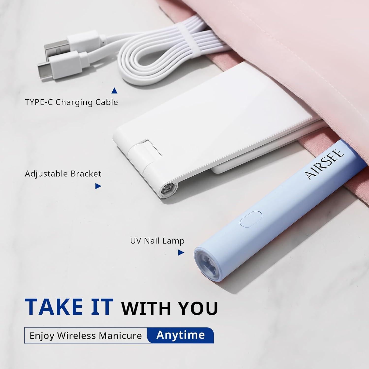 AIRSEE Mini Handheld UV Light with Stand,Portable Rechargeable Nail Lamps,2 Timers for Fast Nail Extension,Rhinestone Glue Decoration,Gel Strips at Home,Travel(Blue)