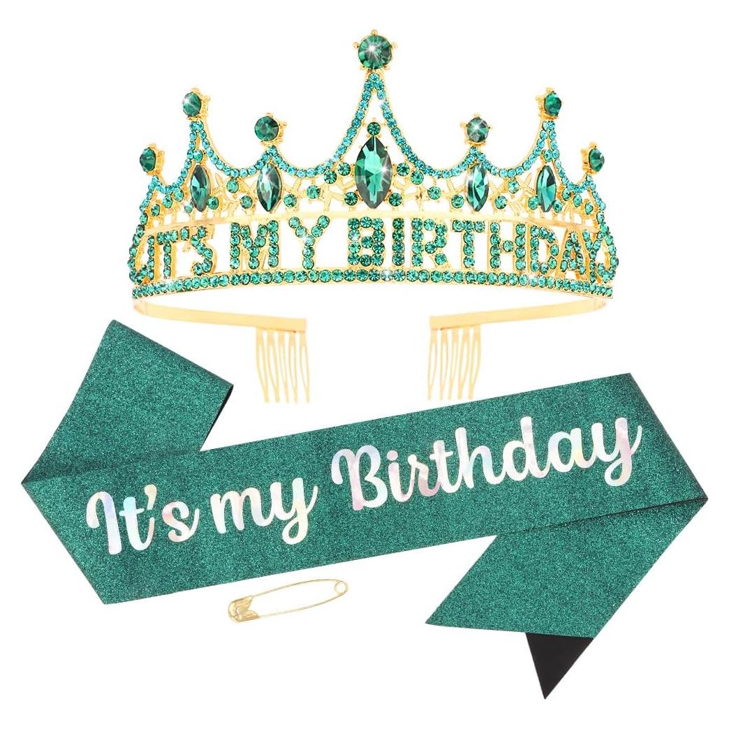 Corona y Banda de Cumpleaños AHONEY Verde para Mujeres y Niñas