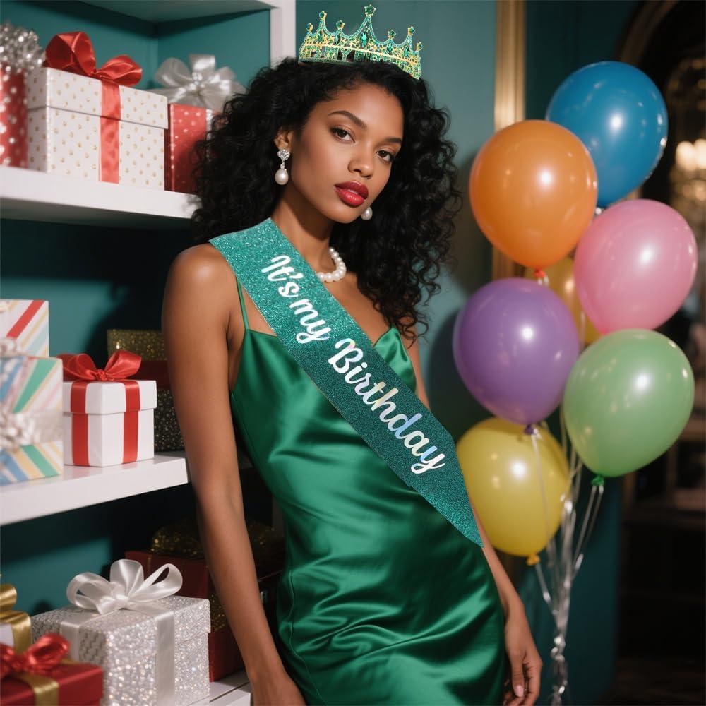 Corona y Banda de Cumpleaños AHONEY Verde para Mujeres y Niñas