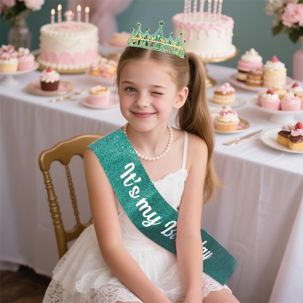 Corona y Banda de Cumpleaños AHONEY Verde para Mujeres y Niñas