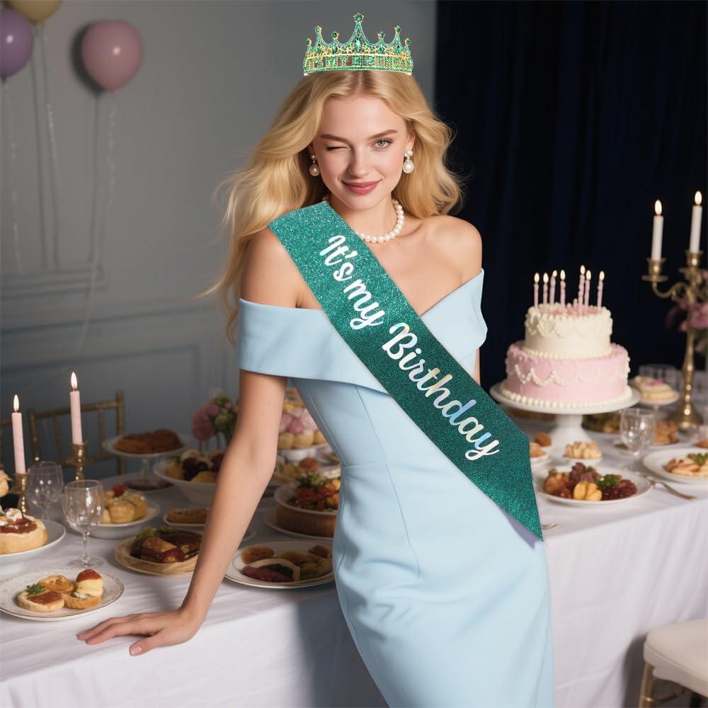 Corona y Banda de Cumpleaños AHONEY Verde para Mujeres y Niñas