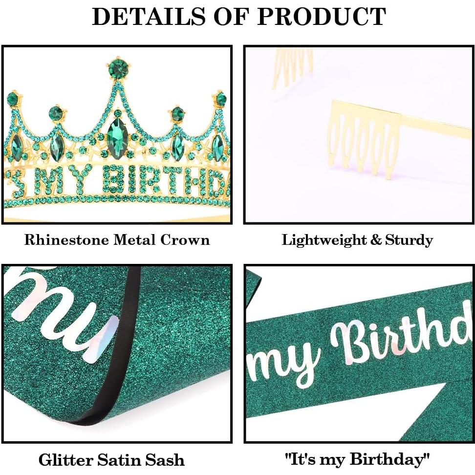 Corona y Banda de Cumpleaños AHONEY Verde para Mujeres y Niñas