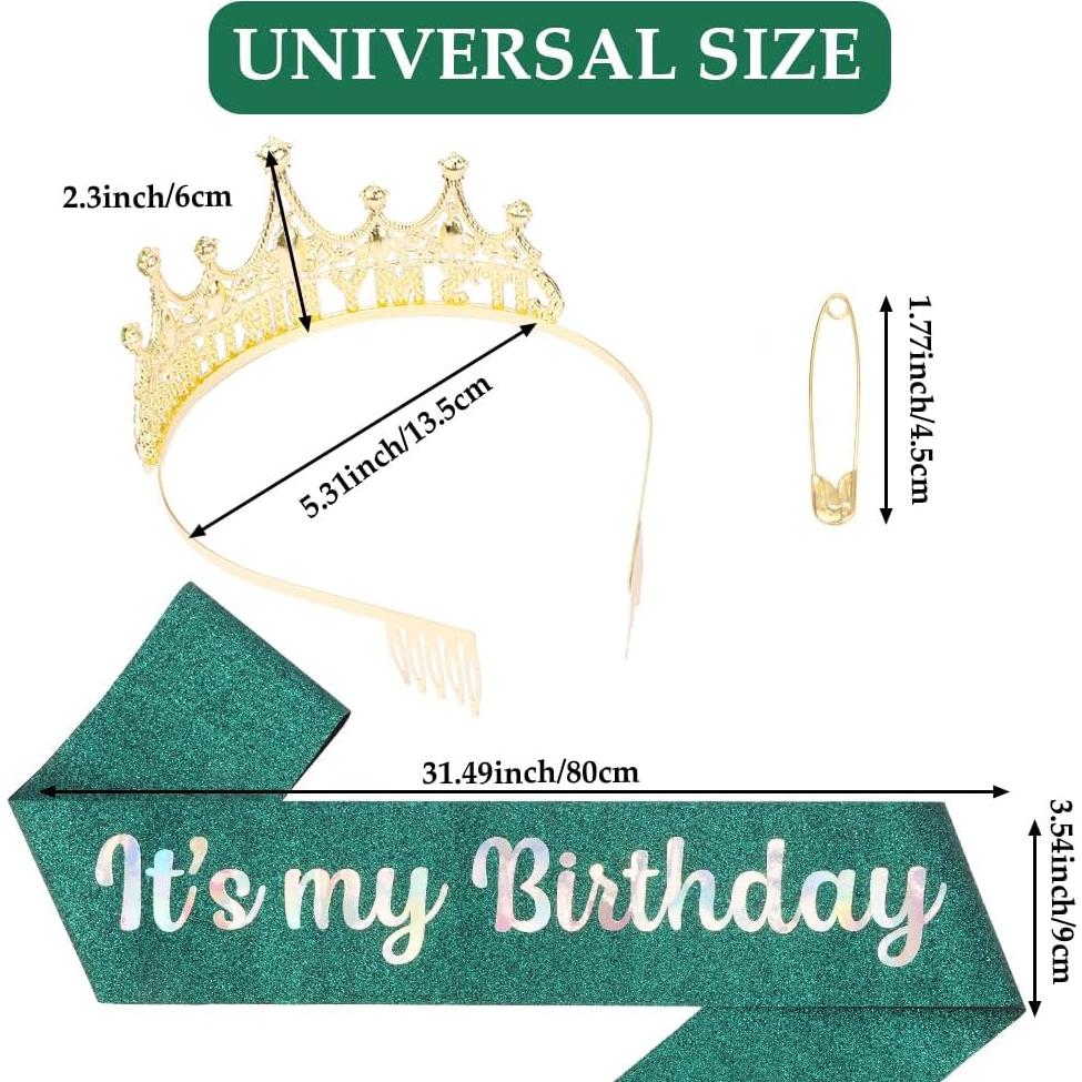 Corona y Banda de Cumpleaños AHONEY Verde para Mujeres y Niñas