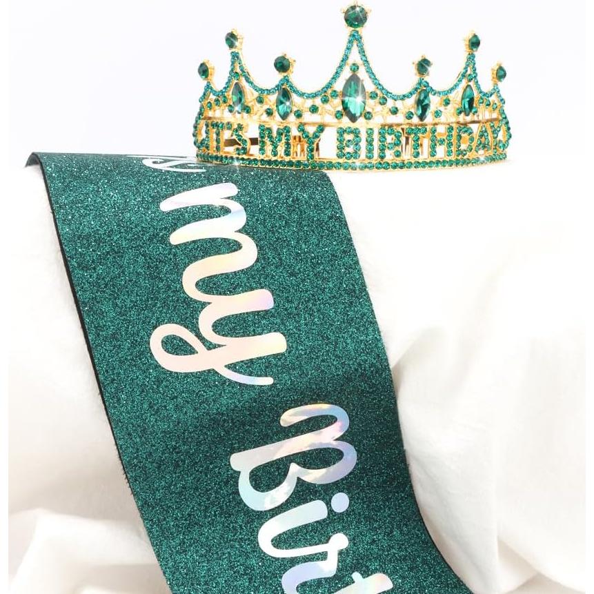 Corona y Banda de Cumpleaños AHONEY Verde para Mujeres y Niñas