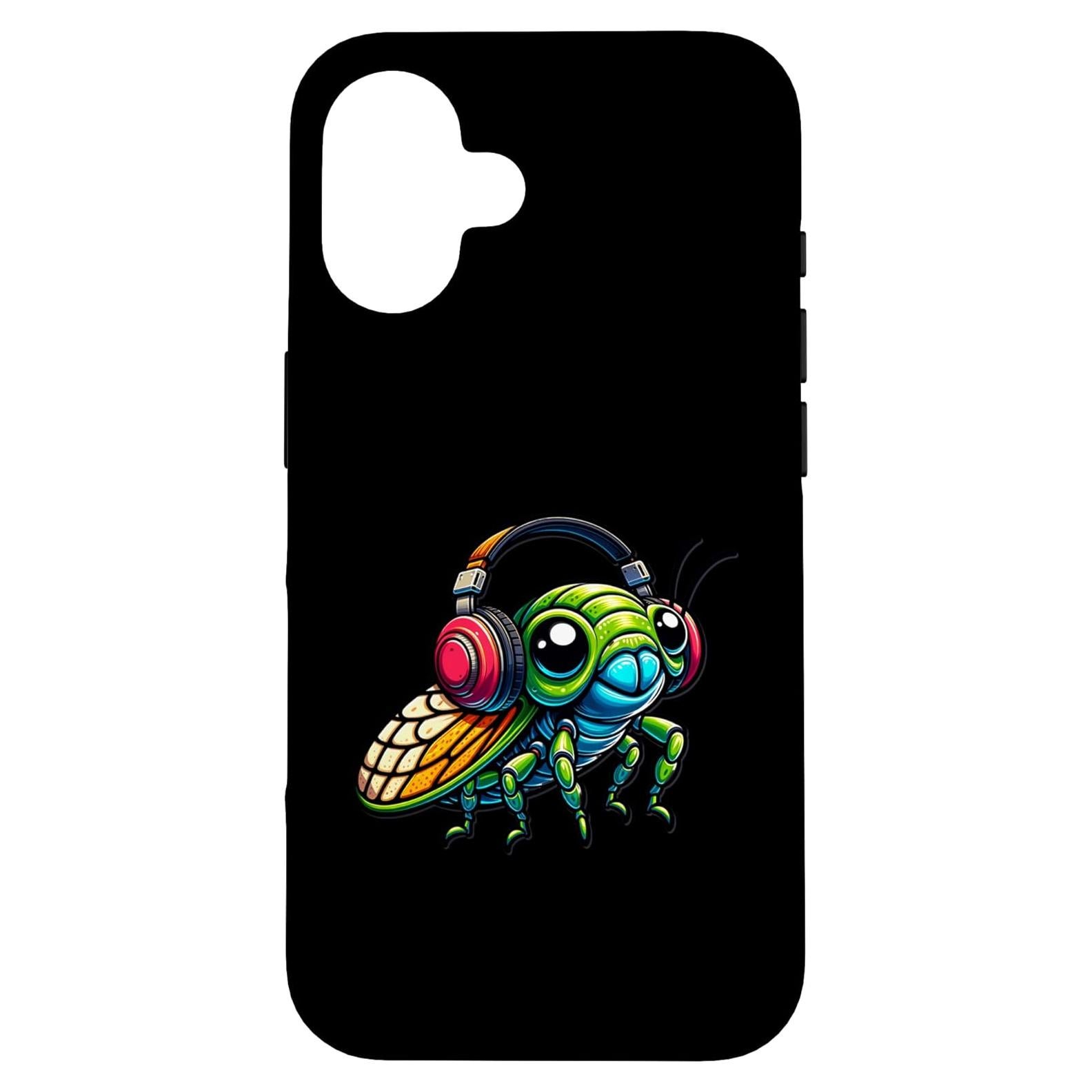 Funda Caricaturesca para iPhone 16 Bicho Verde con Auriculares