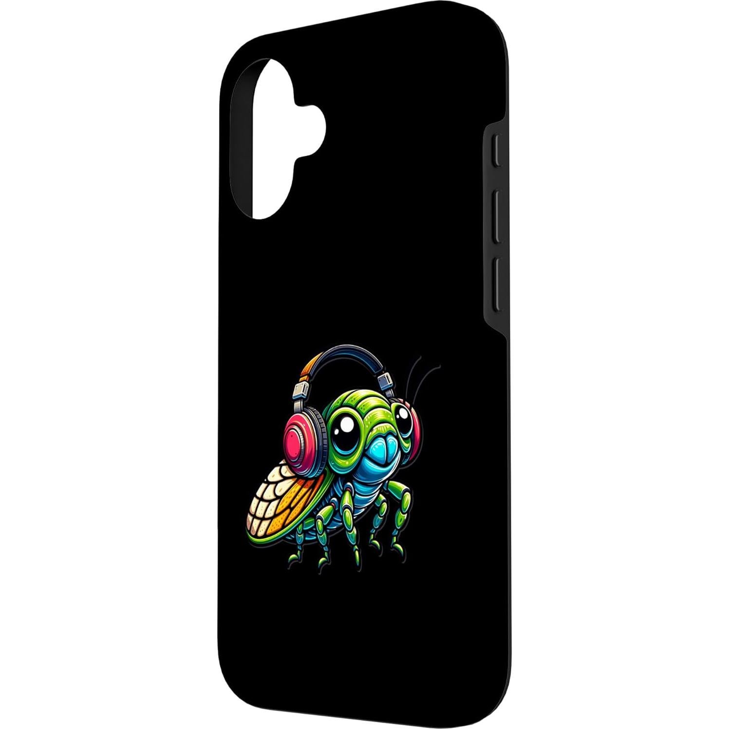 Funda Caricaturesca para iPhone 16 Bicho Verde con Auriculares