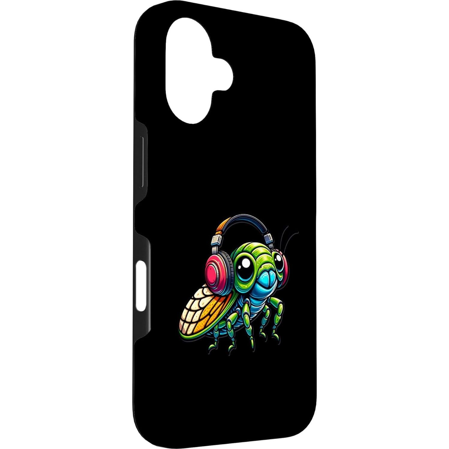 Funda Caricaturesca para iPhone 16 Bicho Verde con Auriculares
