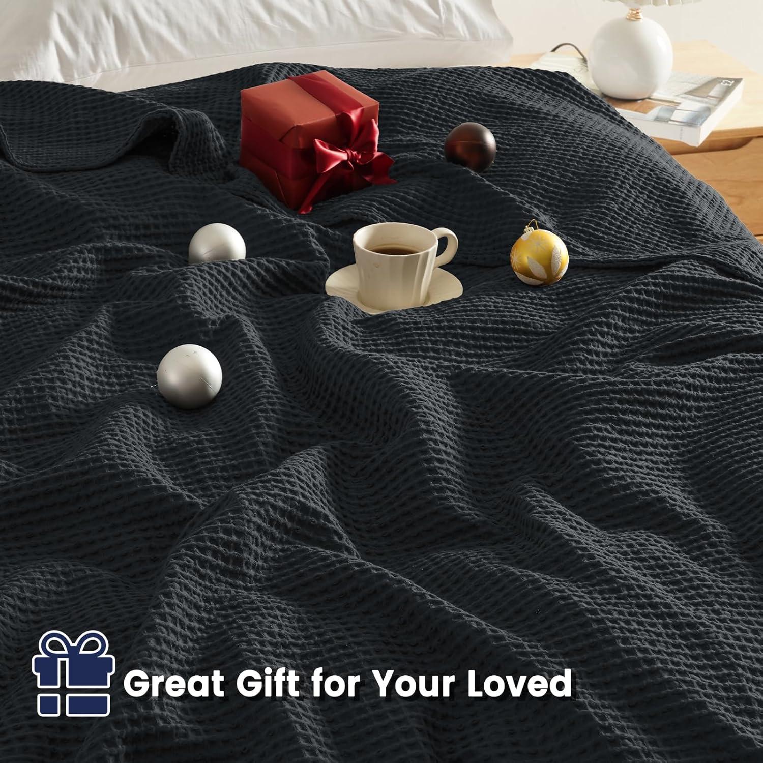 Manta Waffle de Algodón 100% PHF 127x152 cm Negra - Suave y Ligera