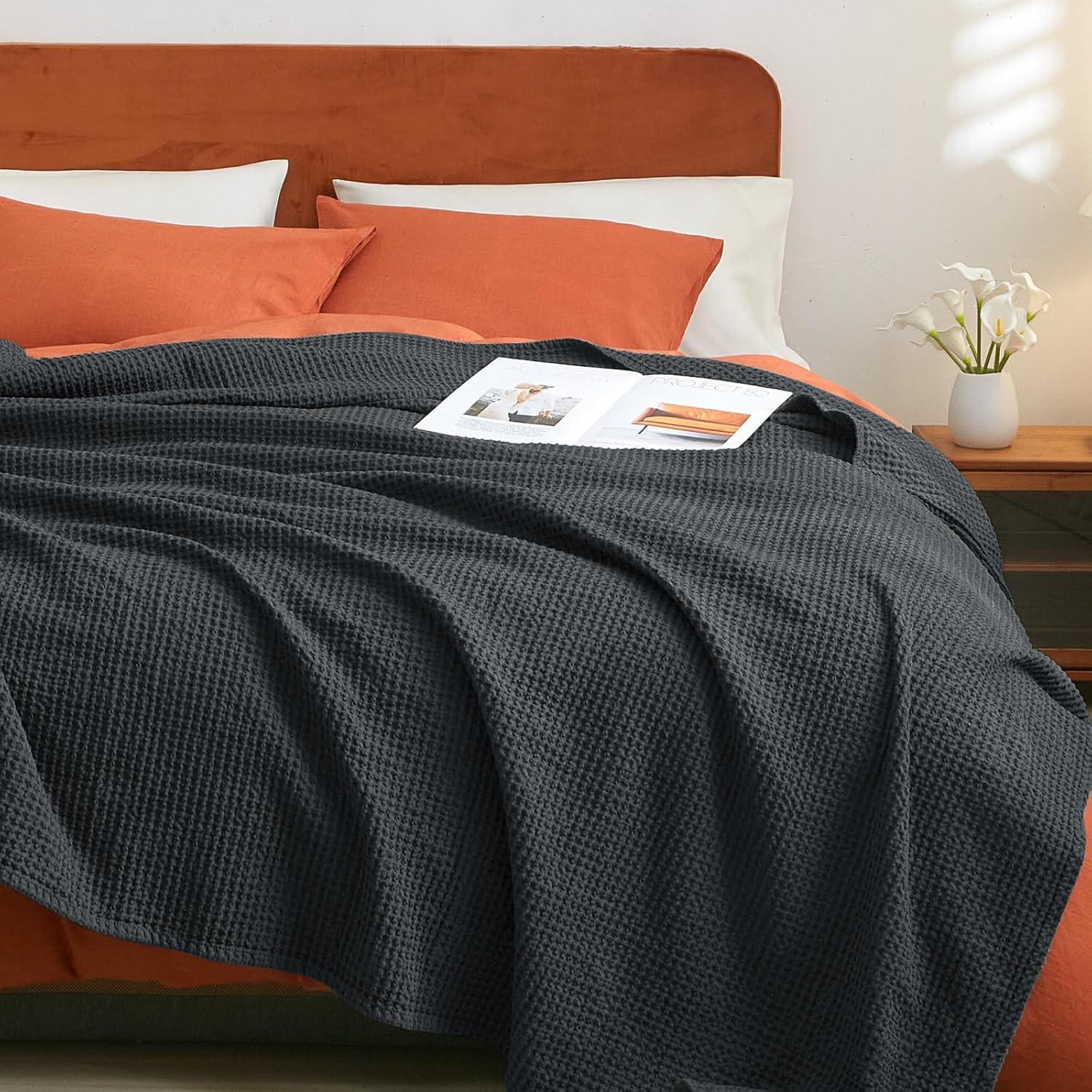 Manta Waffle de Algodón 100% PHF 127x152 cm Negra - Suave y Ligera