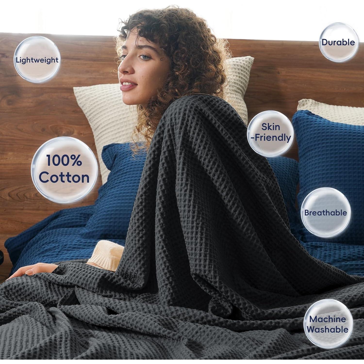 Manta Waffle de Algodón 100% PHF 127x152 cm Negra - Suave y Ligera