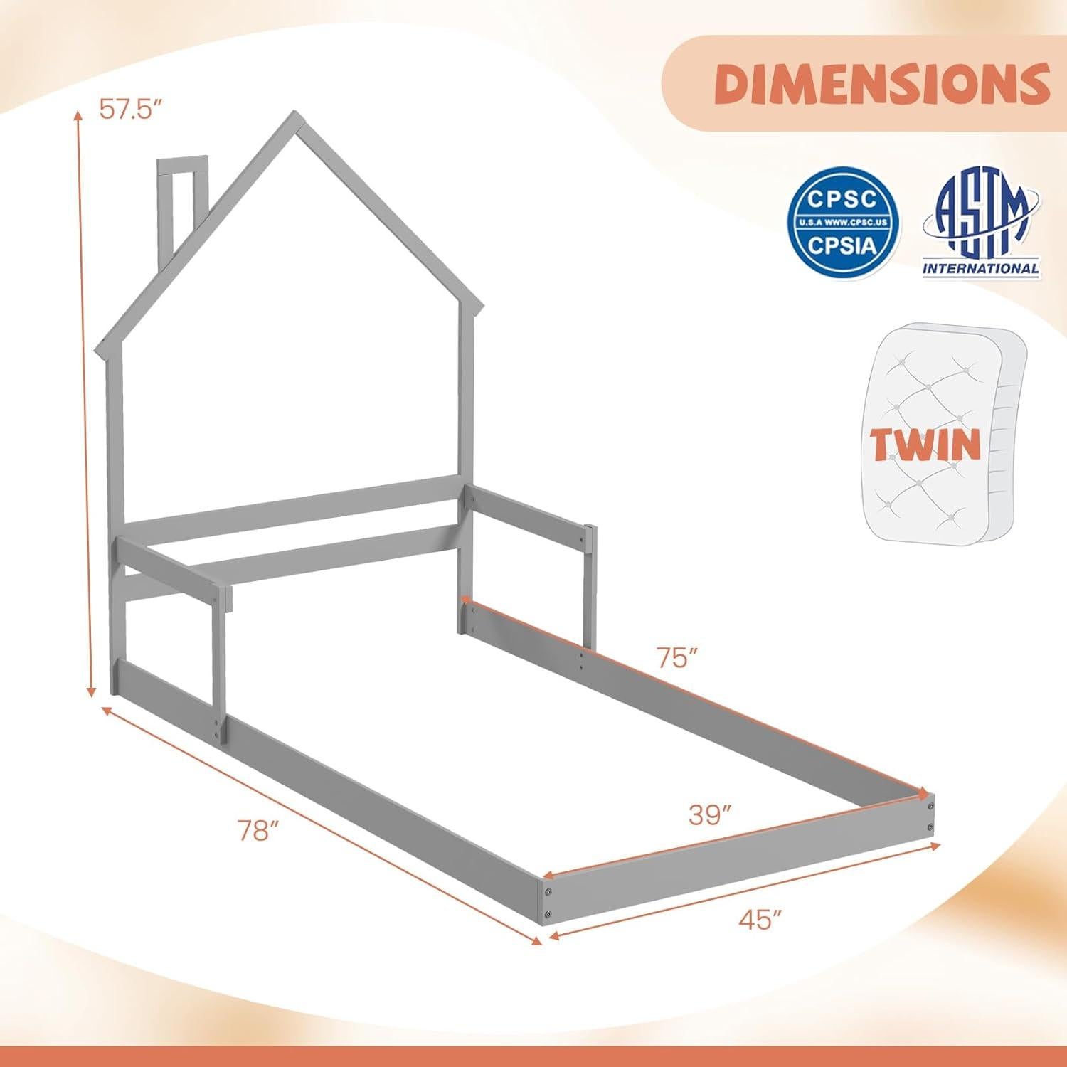 Cama de Piso Twin KOMFOTT en Forma de Casa con Barandillas