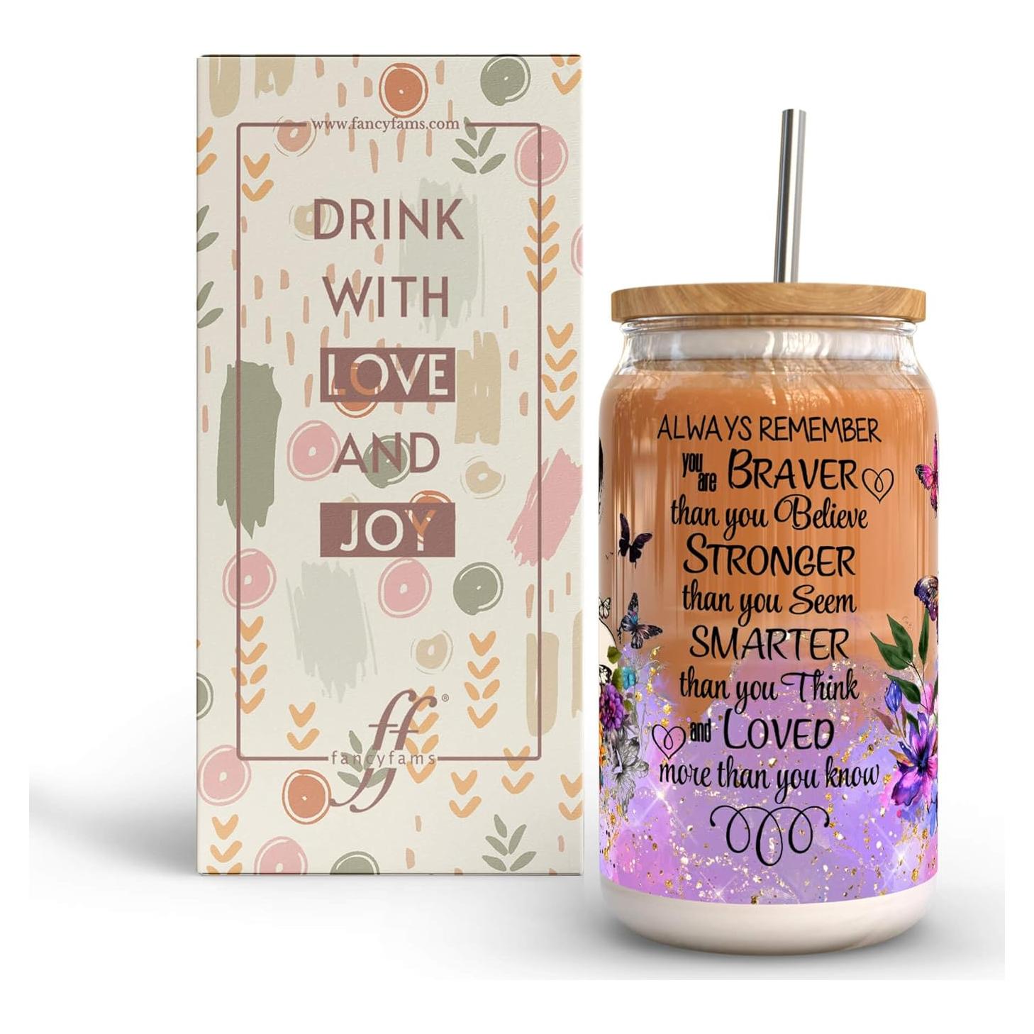 Vaso de Vidrio 16 oz Fancyfams con Tapa de Bambú y Popote