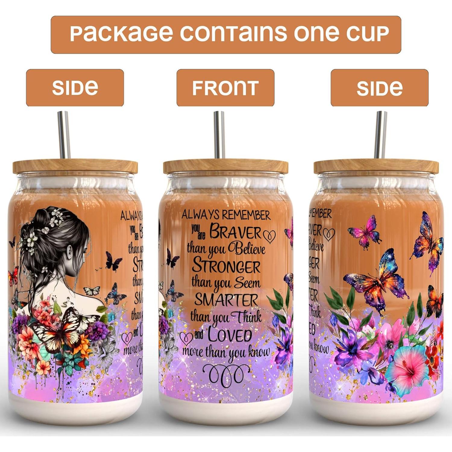 Vaso de Vidrio 16 oz Fancyfams con Tapa de Bambú y Popote