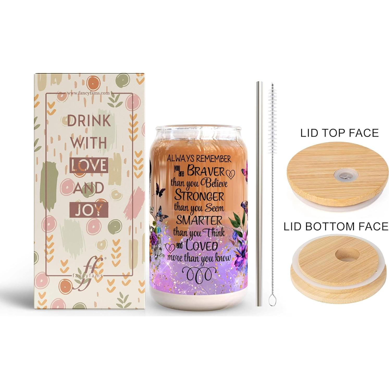 Vaso de Vidrio 16 oz Fancyfams con Tapa de Bambú y Popote