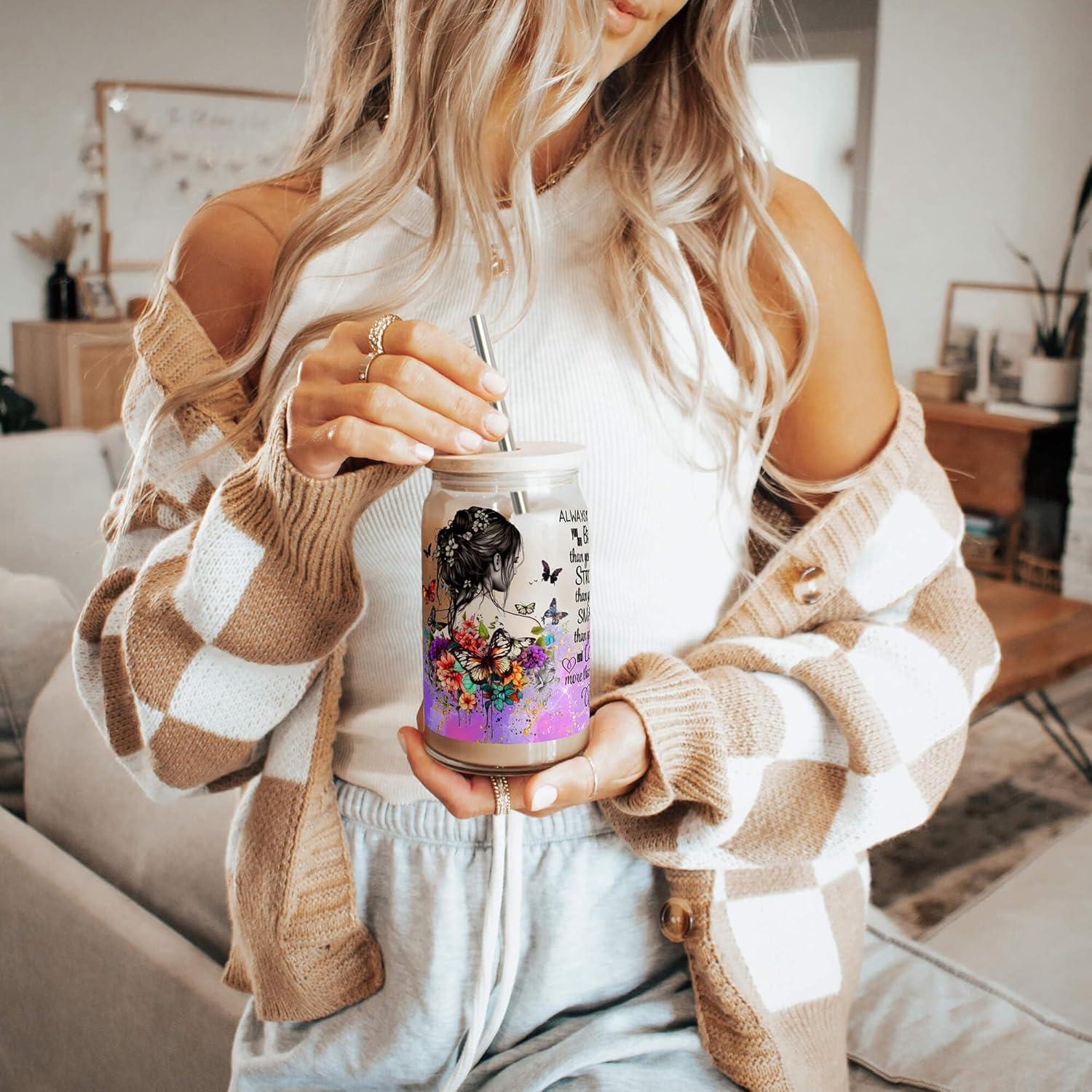 Vaso de Vidrio 16 oz Fancyfams con Tapa de Bambú y Popote