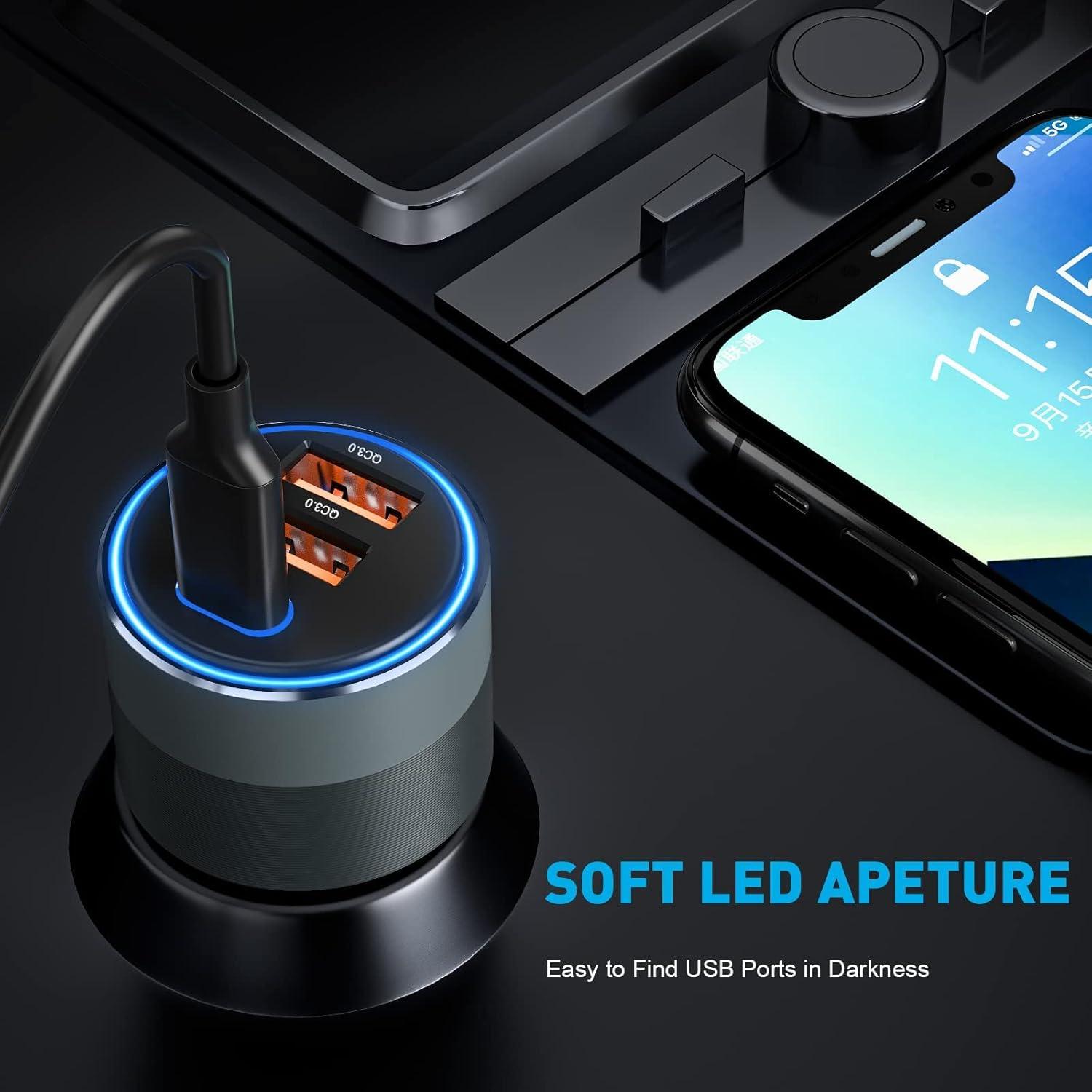 Cargador de coche USB C SONRU 66W con 3 puertos y luz LED