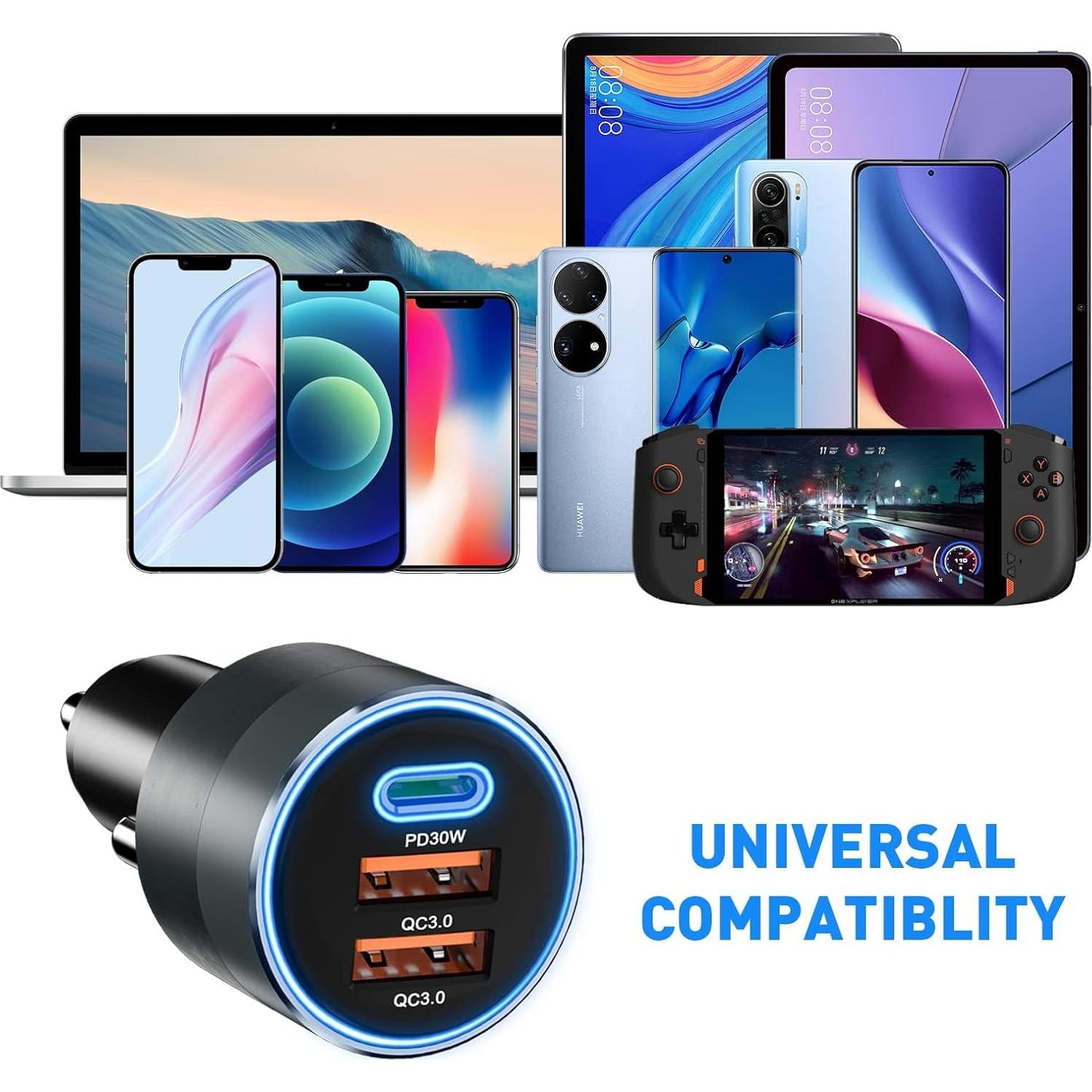 Cargador de coche USB C SONRU 66W con 3 puertos y luz LED