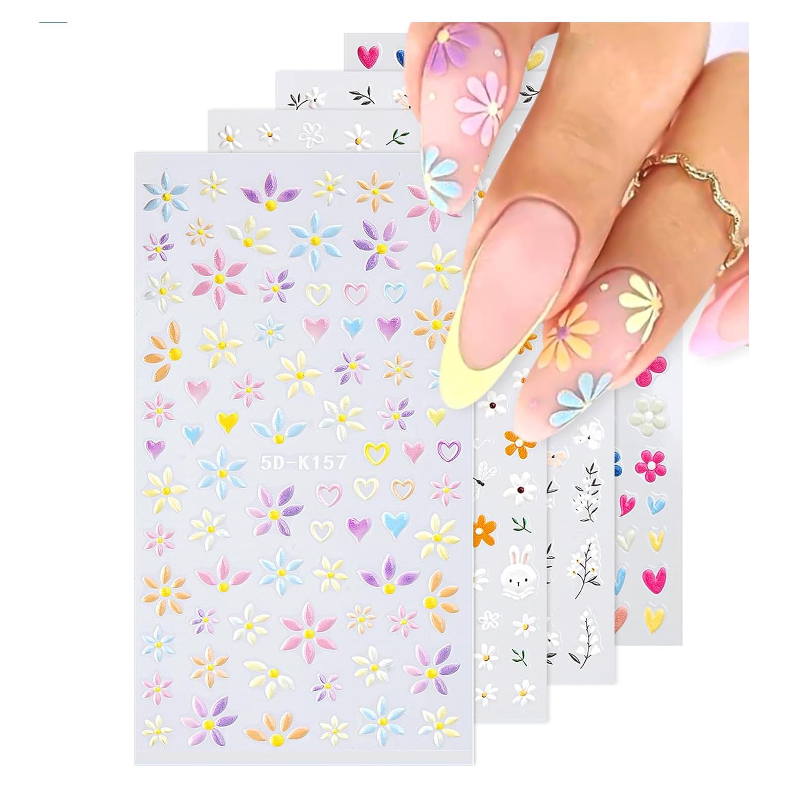 Calcomanías para Uñas 5D HAIIDOAK - 4 Hojas Florales Autoadhesivas