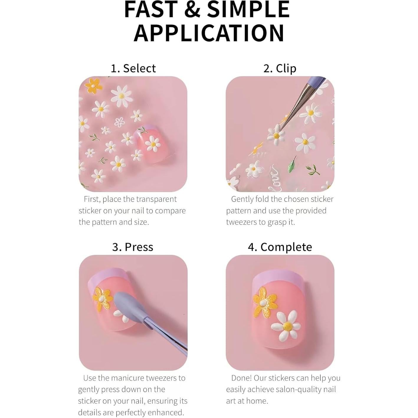 Calcomanías para Uñas 5D HAIIDOAK - 4 Hojas Florales Autoadhesivas