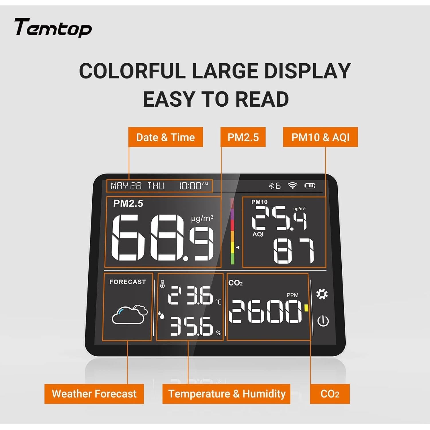 Monitor de Calidad del Aire Temtop M100 8-en-1 PM2.5 CO2 T&H