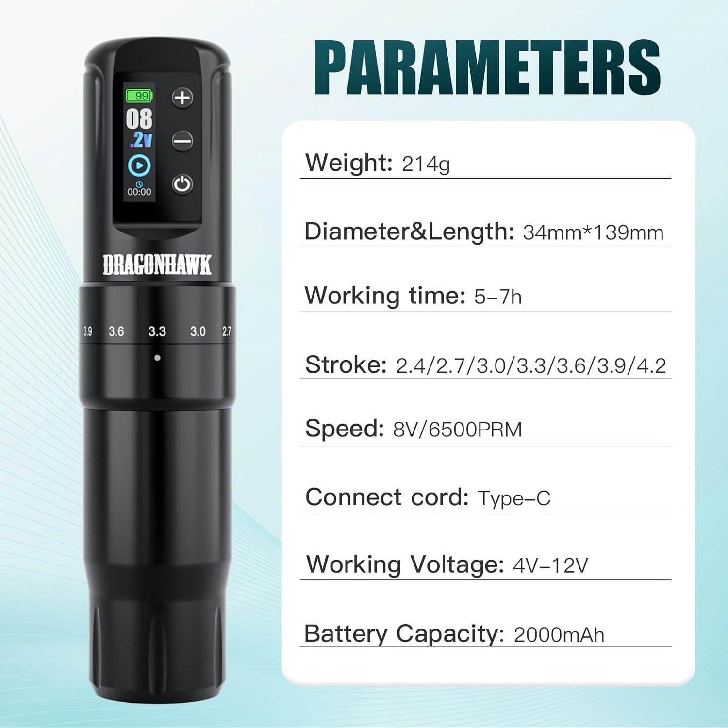 Máquina de Tatuaje Dragonhawk Atom2 Pro Sin Cable 139mm 214g