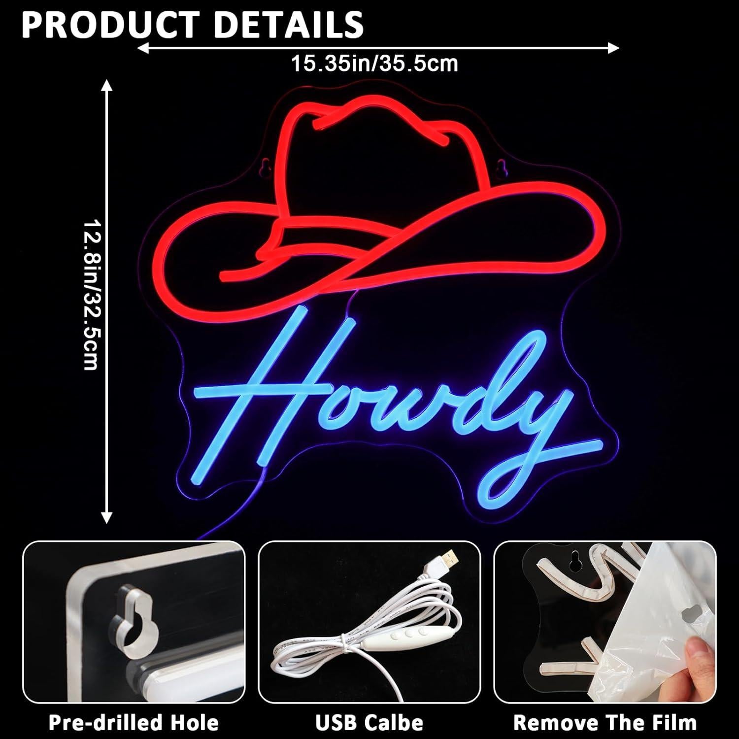 Letrero de Neón LED Cowboy Howdy 39x32.5cm para Decoración